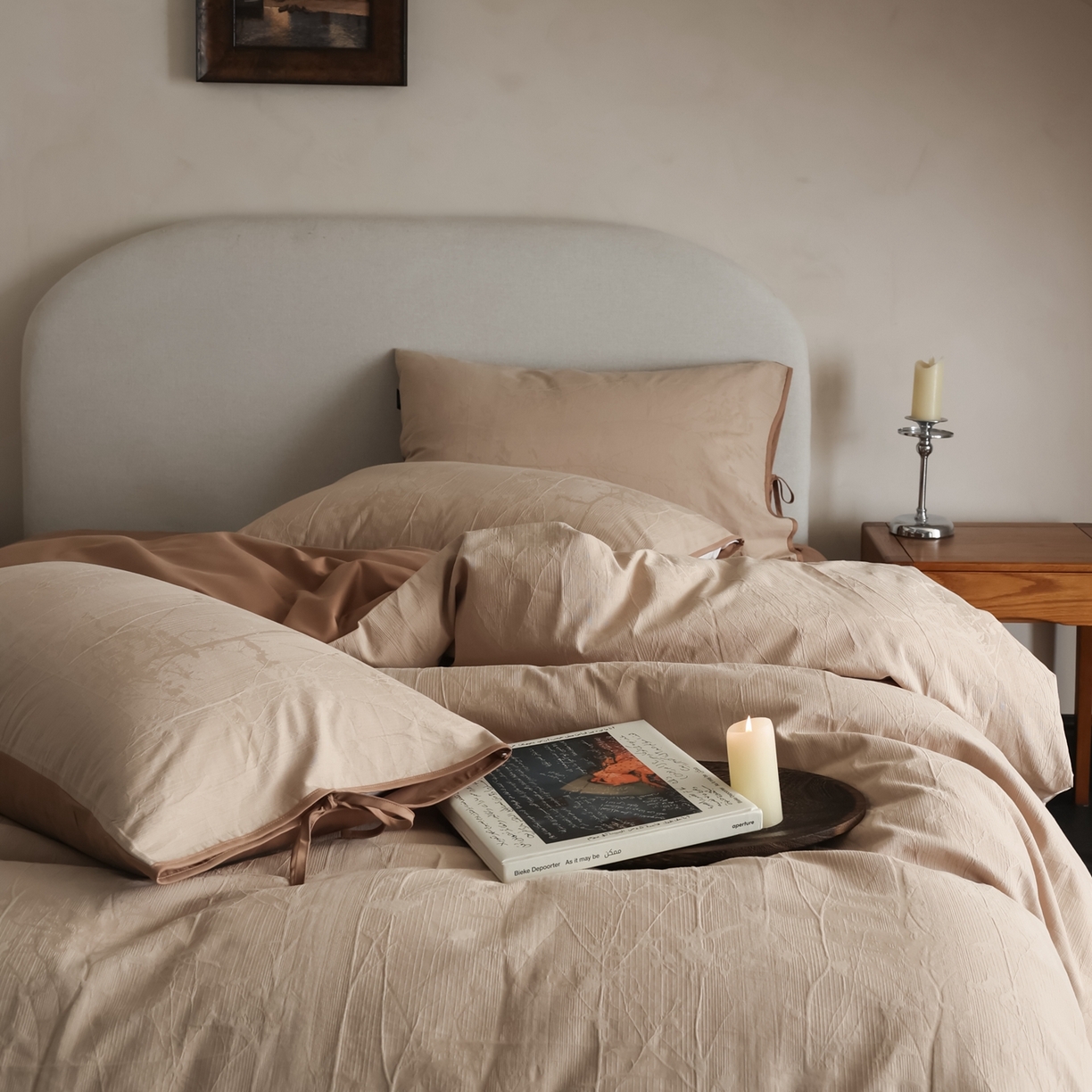 91家纺网 家纺一手货源 找家纺 玉宇阁家居 2025秋冬新品60s色织全棉纯棉磨毛大提花四件套-绑带款-第二组图 绑带款-缃叶棕