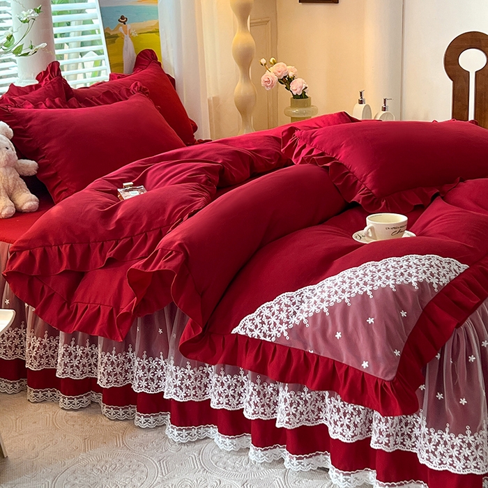 后庭寝室 2025新款柔软亲肤花边蕾丝床裙四件套-花颜系列 花颜-酒红