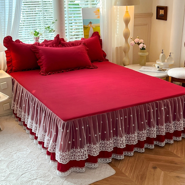 91家纺网 家纺一手货源 找家纺 后庭寝室 2025新款柔软亲肤花边蕾丝床裙四件套-花颜系列 花颜-酒红