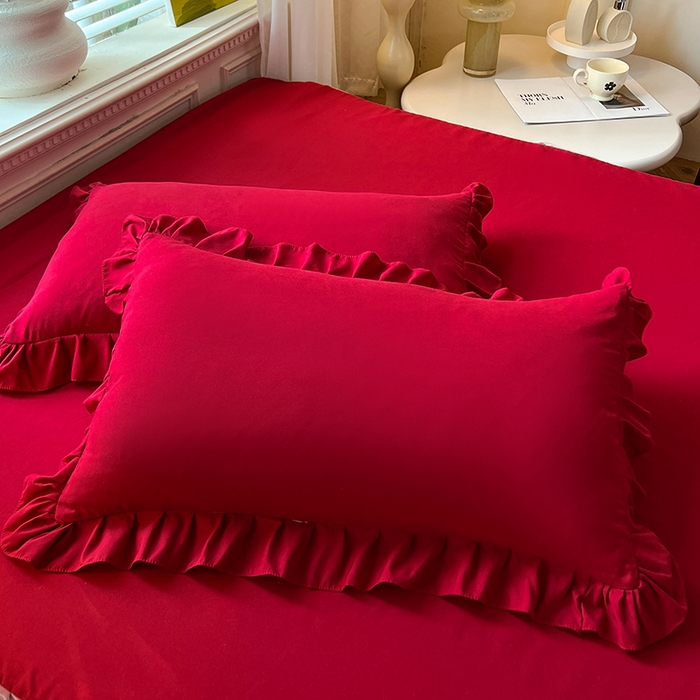 91家纺网 家纺一手货源 找家纺 后庭寝室 2025新款柔软亲肤花边蕾丝床裙四件套-花颜系列 花颜-酒红