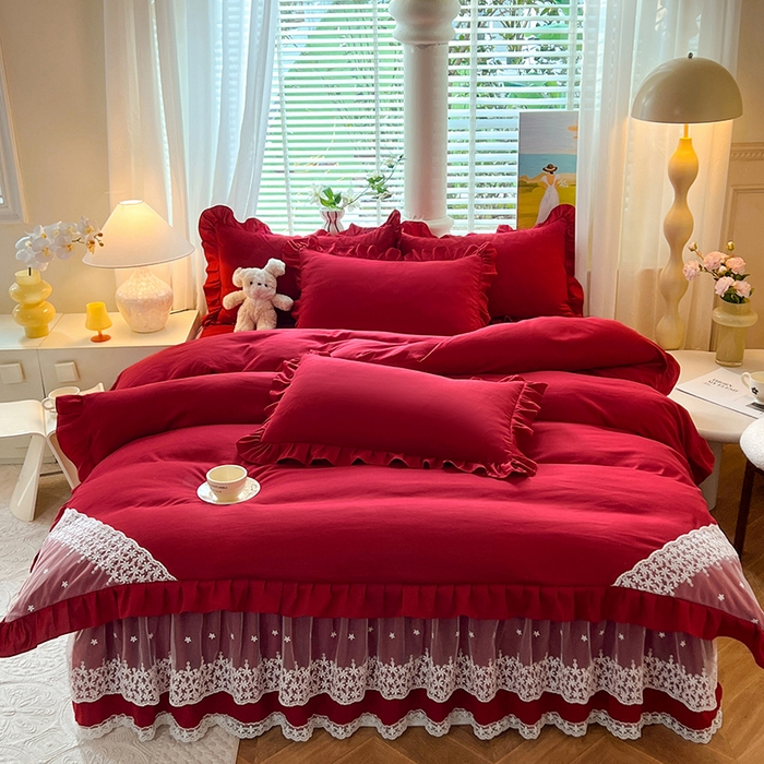 91家纺网 家纺一手货源 找家纺 后庭寝室 2025新款柔软亲肤花边蕾丝床裙四件套-花颜系列 花颜-酒红