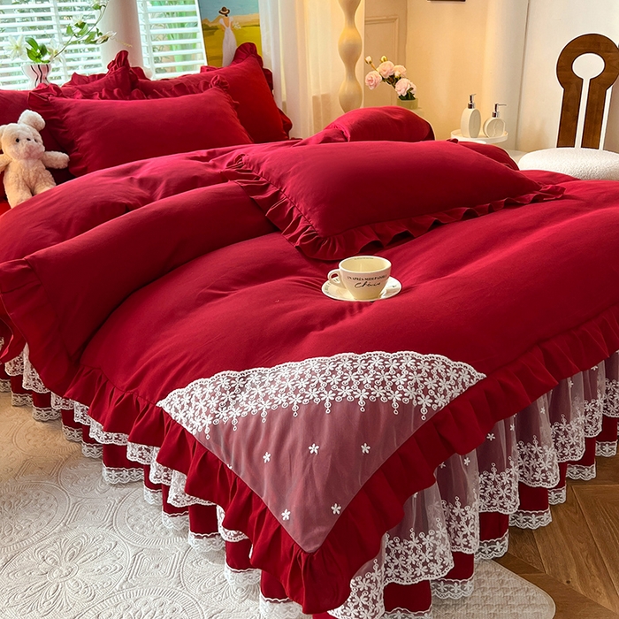 91家纺网 家纺一手货源 找家纺 后庭寝室 2025新款柔软亲肤花边蕾丝床裙四件套-花颜系列 花颜-酒红