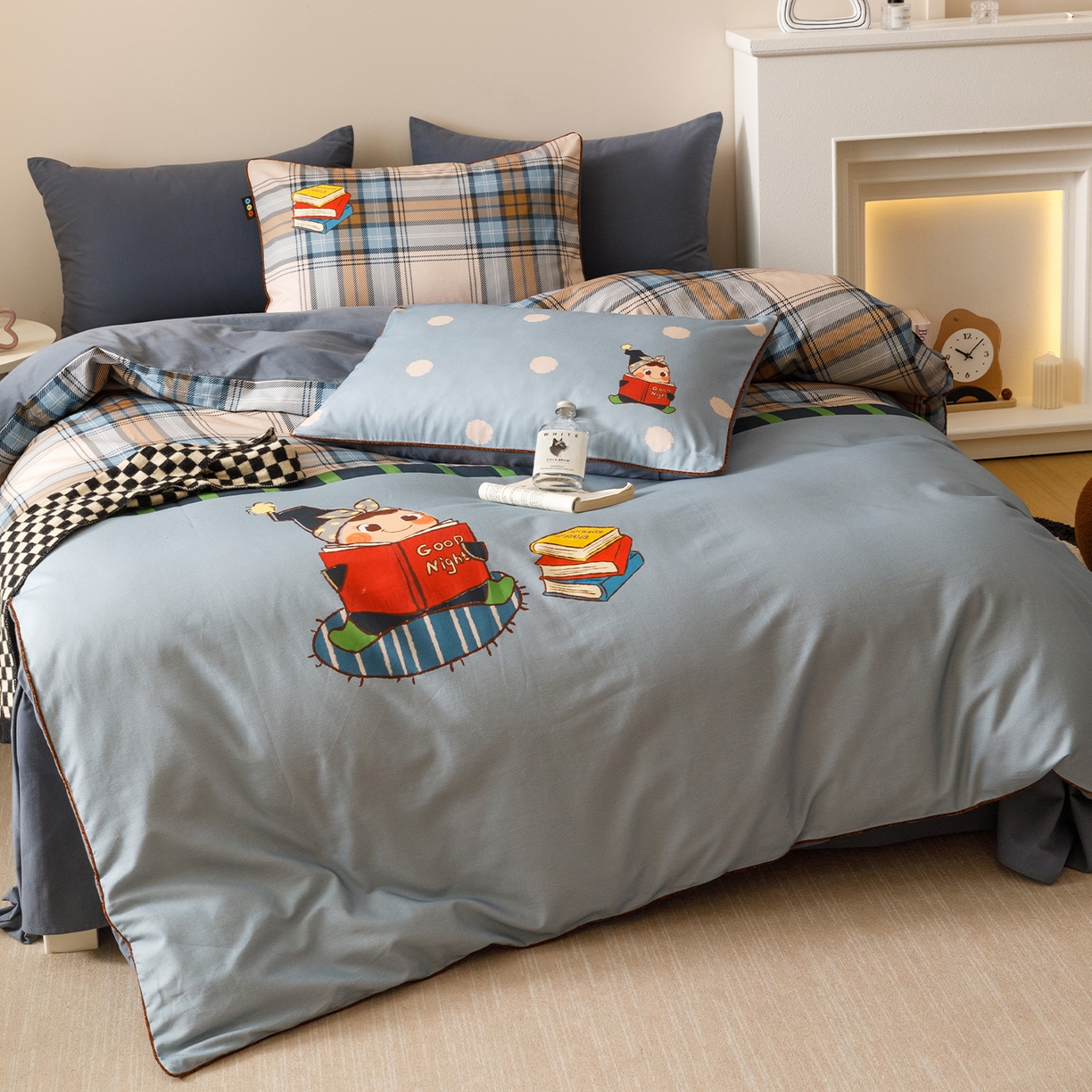 91家纺网 家纺一手货源 找家纺 RYB红黄兰 2025新款全棉纯棉加厚磨毛大版数码印花嵌绳四件套 小小书童