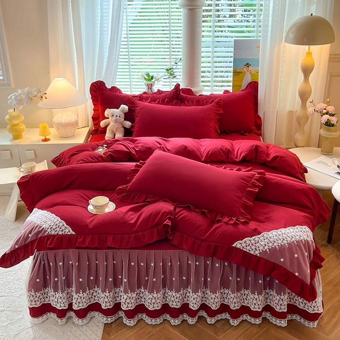 91家纺网 家纺一手货源 找家纺 后庭寝室 2025新款柔软亲肤花边蕾丝床裙四件套-花颜系列 花颜-酒红
