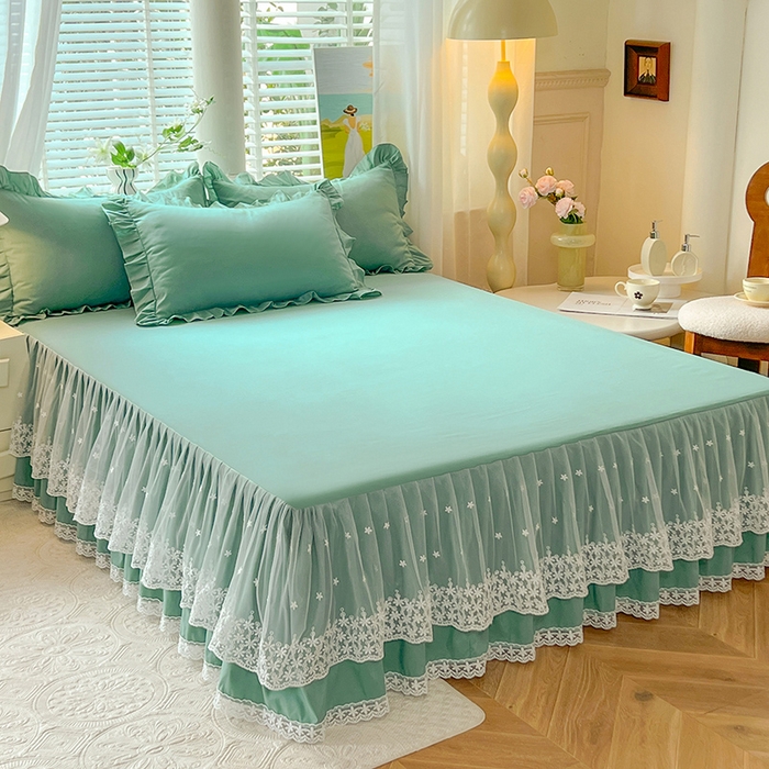 91家纺网 家纺一手货源 找家纺 后庭寝室 2025新款柔软亲肤花边蕾丝床裙四件套-花颜系列 花颜-绿色