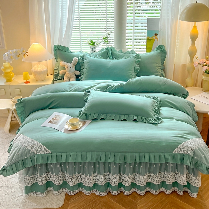 91家纺网 家纺一手货源 找家纺 后庭寝室 2025新款柔软亲肤花边蕾丝床裙四件套-花颜系列 花颜-绿色