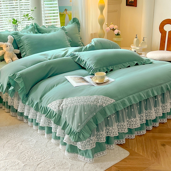91家纺网 家纺一手货源 找家纺 后庭寝室 2025新款柔软亲肤花边蕾丝床裙四件套-花颜系列 花颜-绿色