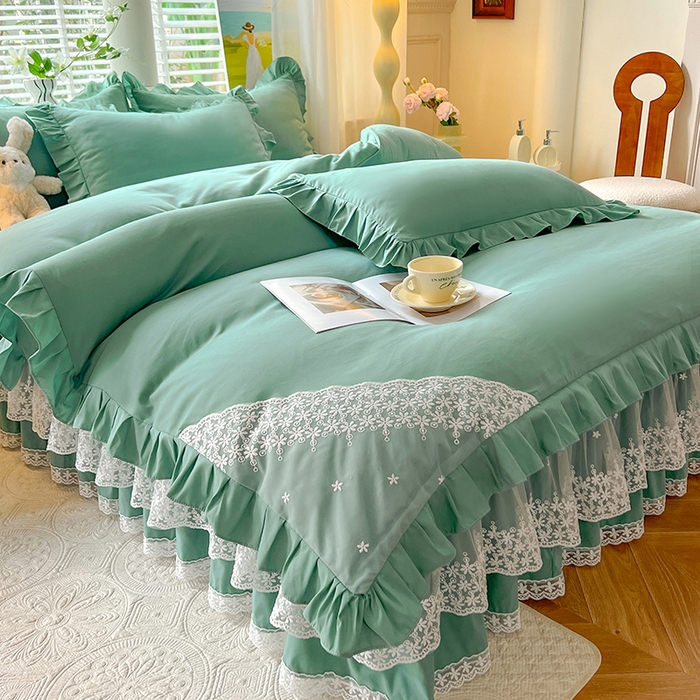 91家纺网 家纺一手货源 找家纺 后庭寝室 2025新款柔软亲肤花边蕾丝床裙四件套-花颜系列 花颜-绿色