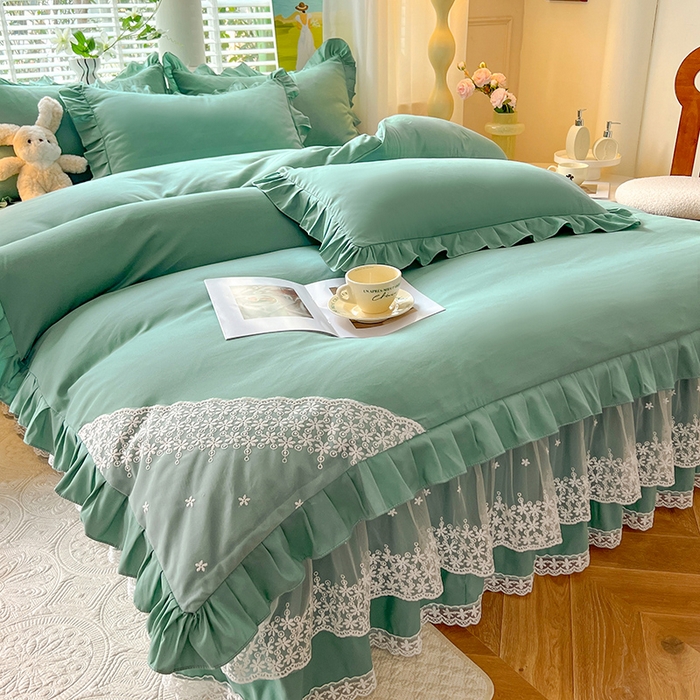 91家纺网 家纺一手货源 找家纺 后庭寝室 2025新款柔软亲肤花边蕾丝床裙四件套-花颜系列 花颜-绿色