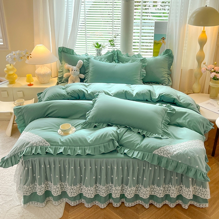 91家纺网 家纺一手货源 找家纺 后庭寝室 2025新款柔软亲肤花边蕾丝床裙四件套-花颜系列 花颜-绿色