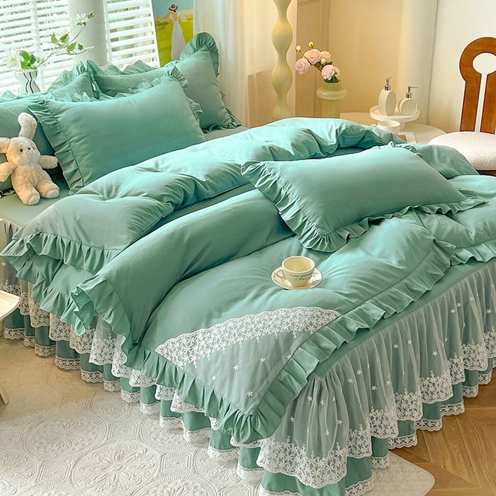 91家纺网 家纺一手货源 找家纺 后庭寝室 2025新款柔软亲肤花边蕾丝床裙四件套-花颜系列 花颜-绿色