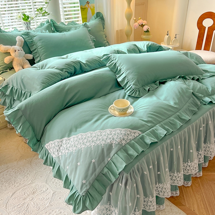 91家纺网 家纺一手货源 找家纺 后庭寝室 2025新款柔软亲肤花边蕾丝床裙四件套-花颜系列 花颜-绿色