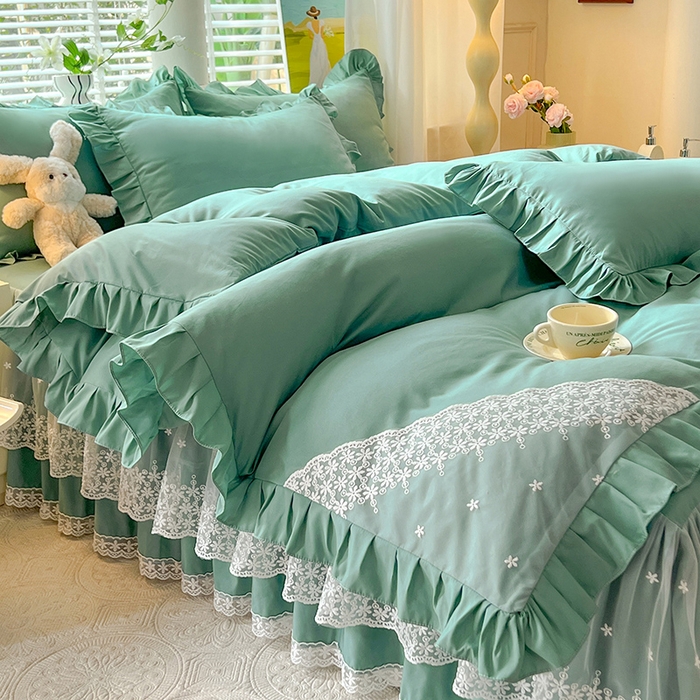 91家纺网 家纺一手货源 找家纺 后庭寝室 2025新款柔软亲肤花边蕾丝床裙四件套-花颜系列 花颜-绿色