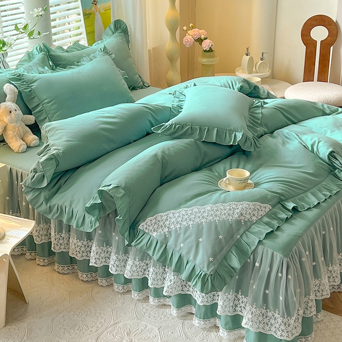 91家纺网 家纺一手货源 找家纺 后庭寝室 2025新款柔软亲肤花边蕾丝床裙四件套-花颜系列 花颜-绿色