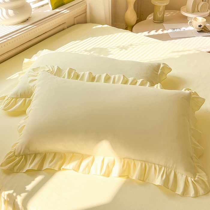 91家纺网 家纺一手货源 找家纺 后庭寝室 2025新款柔软亲肤花边蕾丝床裙四件套-花颜系列 花颜-米黄