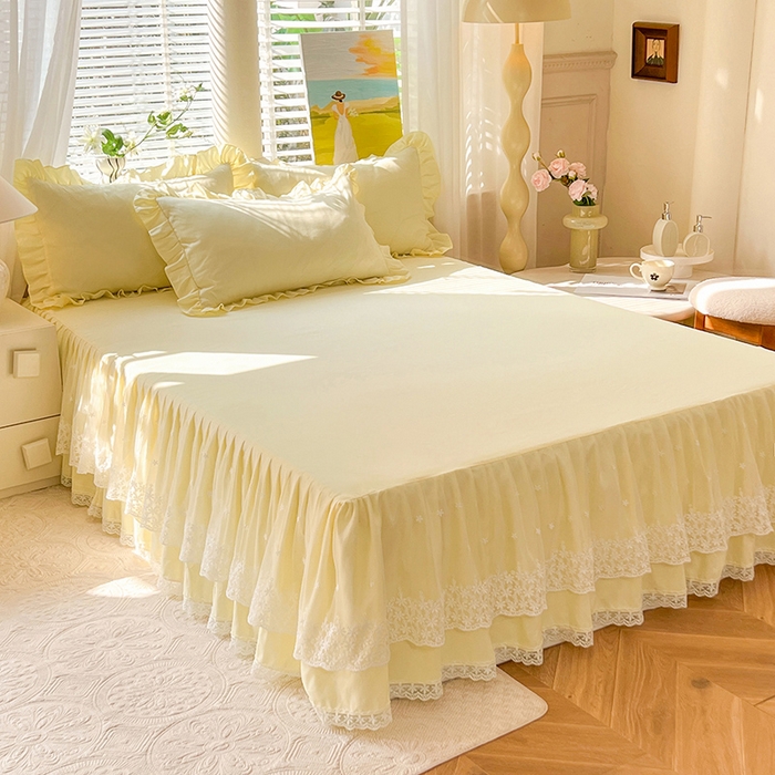 91家纺网 家纺一手货源 找家纺 后庭寝室 2025新款柔软亲肤花边蕾丝床裙四件套-花颜系列 花颜-米黄