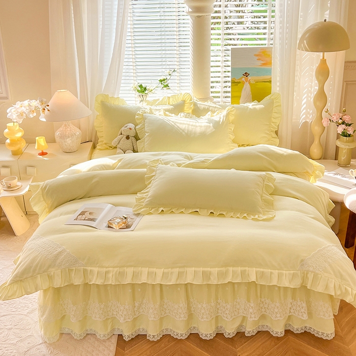 91家纺网 家纺一手货源 找家纺 后庭寝室 2025新款柔软亲肤花边蕾丝床裙四件套-花颜系列 花颜-米黄
