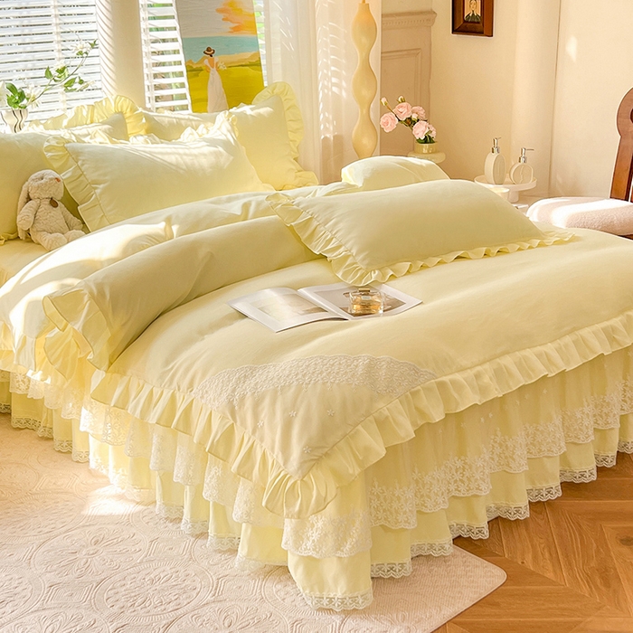 91家纺网 家纺一手货源 找家纺 后庭寝室 2025新款柔软亲肤花边蕾丝床裙四件套-花颜系列 花颜-米黄