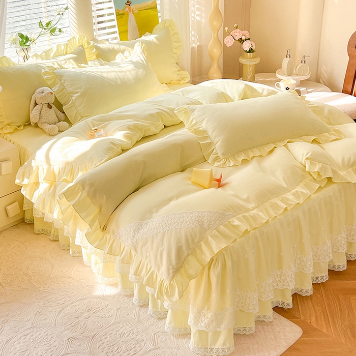 91家纺网 家纺一手货源 找家纺 后庭寝室 2025新款柔软亲肤花边蕾丝床裙四件套-花颜系列 花颜-米黄