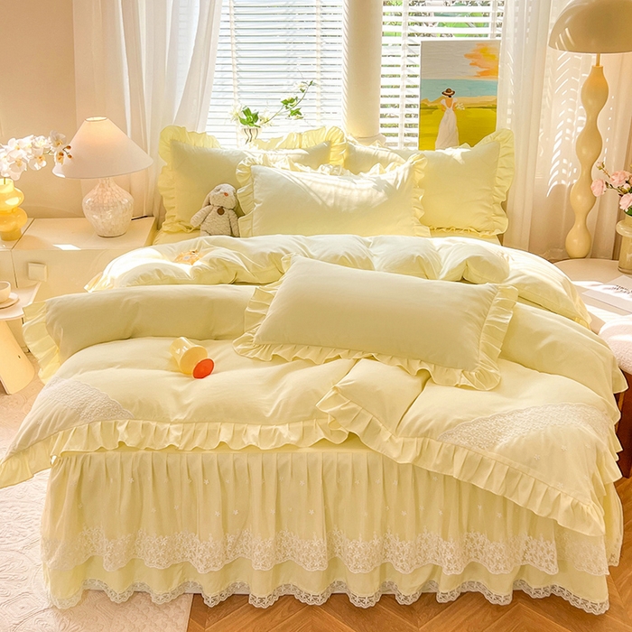 91家纺网 家纺一手货源 找家纺 后庭寝室 2025新款柔软亲肤花边蕾丝床裙四件套-花颜系列 花颜-米黄