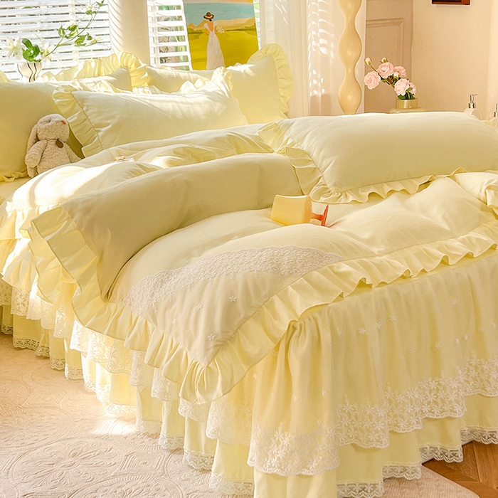 91家纺网 家纺一手货源 找家纺 后庭寝室 2025新款柔软亲肤花边蕾丝床裙四件套-花颜系列 花颜-米黄