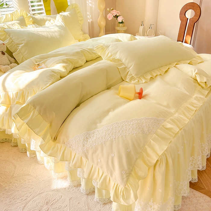 91家纺网 家纺一手货源 找家纺 后庭寝室 2025新款柔软亲肤花边蕾丝床裙四件套-花颜系列 花颜-米黄