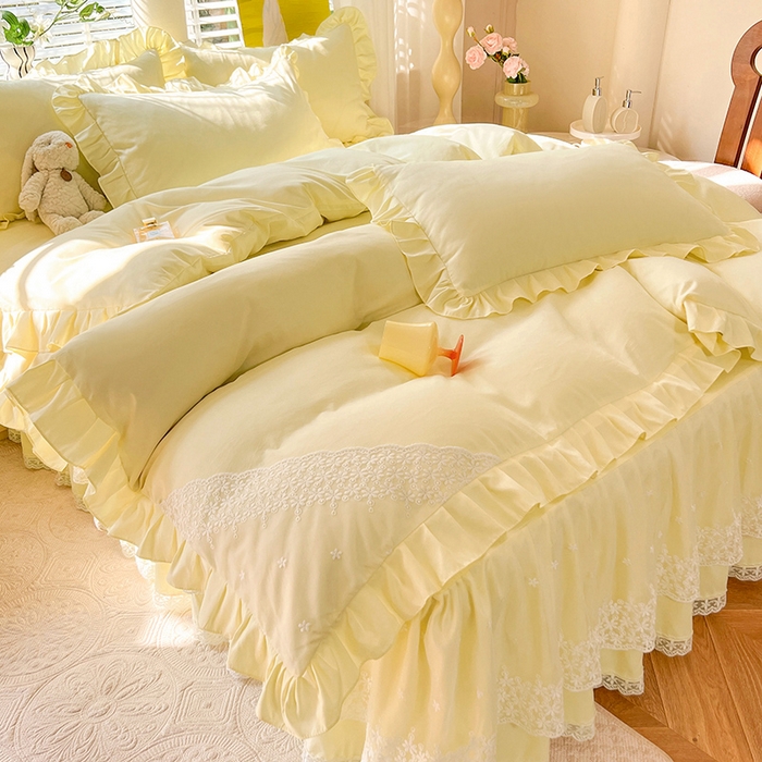 91家纺网 家纺一手货源 找家纺 后庭寝室 2025新款柔软亲肤花边蕾丝床裙四件套-花颜系列 花颜-米黄