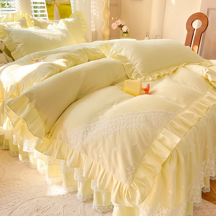 91家纺网 家纺一手货源 找家纺 后庭寝室 2025新款柔软亲肤花边蕾丝床裙四件套-花颜系列 花颜-米黄