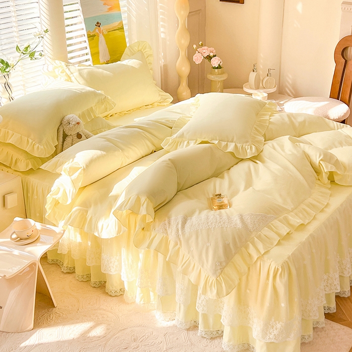 91家纺网 家纺一手货源 找家纺 后庭寝室 2025新款柔软亲肤花边蕾丝床裙四件套-花颜系列 花颜-米黄