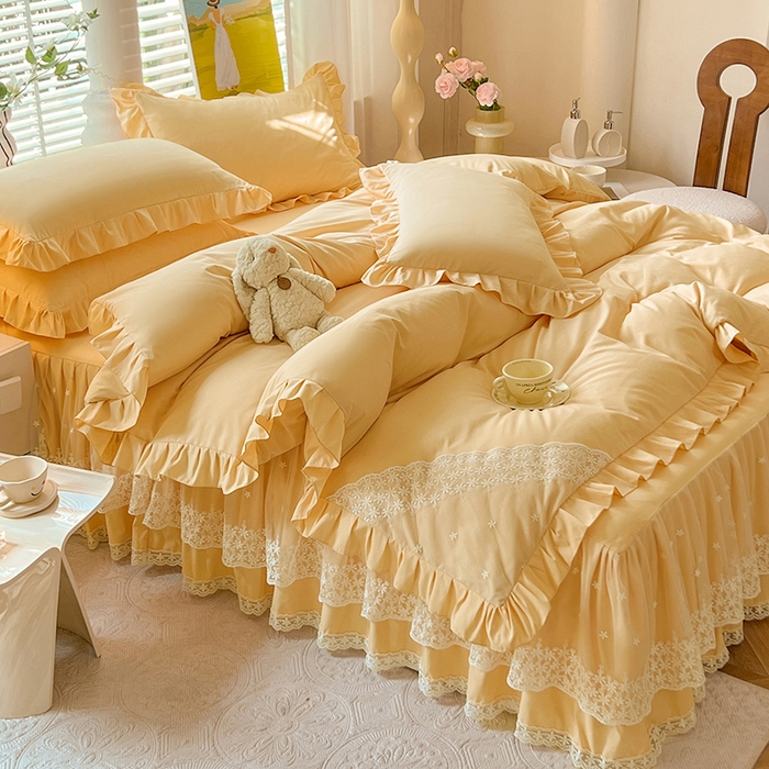 91家纺网 家纺一手货源 找家纺 后庭寝室 2025新款柔软亲肤花边蕾丝床裙四件套-花颜系列 花颜-嫩黄