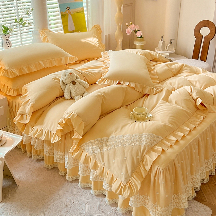 91家纺网 家纺一手货源 找家纺 后庭寝室 2025新款柔软亲肤花边蕾丝床裙四件套-花颜系列 花颜-嫩黄