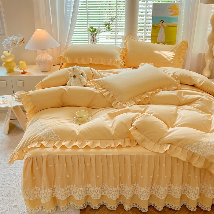 91家纺网 家纺一手货源 找家纺 后庭寝室 2025新款柔软亲肤花边蕾丝床裙四件套-花颜系列 花颜-嫩黄