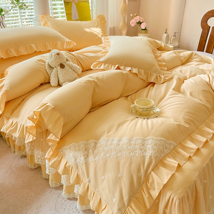 91家纺网 家纺一手货源 找家纺 后庭寝室 2025新款柔软亲肤花边蕾丝床裙四件套-花颜系列 花颜-嫩黄