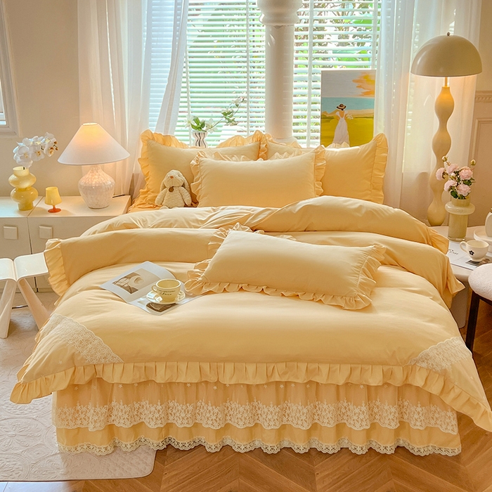91家纺网 家纺一手货源 找家纺 后庭寝室 2025新款柔软亲肤花边蕾丝床裙四件套-花颜系列 花颜-嫩黄