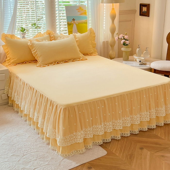 91家纺网 家纺一手货源 找家纺 后庭寝室 2025新款柔软亲肤花边蕾丝床裙四件套-花颜系列 花颜-嫩黄