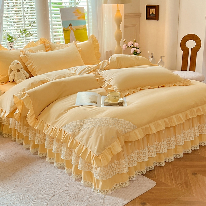 91家纺网 家纺一手货源 找家纺 后庭寝室 2025新款柔软亲肤花边蕾丝床裙四件套-花颜系列 花颜-嫩黄