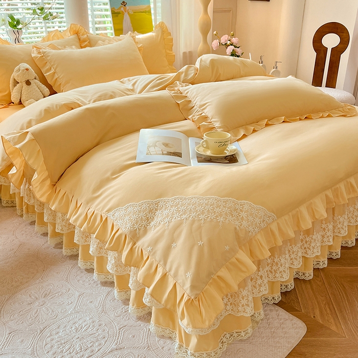 91家纺网 家纺一手货源 找家纺 后庭寝室 2025新款柔软亲肤花边蕾丝床裙四件套-花颜系列 花颜-嫩黄