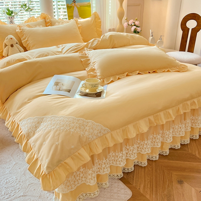 91家纺网 家纺一手货源 找家纺 后庭寝室 2025新款柔软亲肤花边蕾丝床裙四件套-花颜系列 花颜-嫩黄