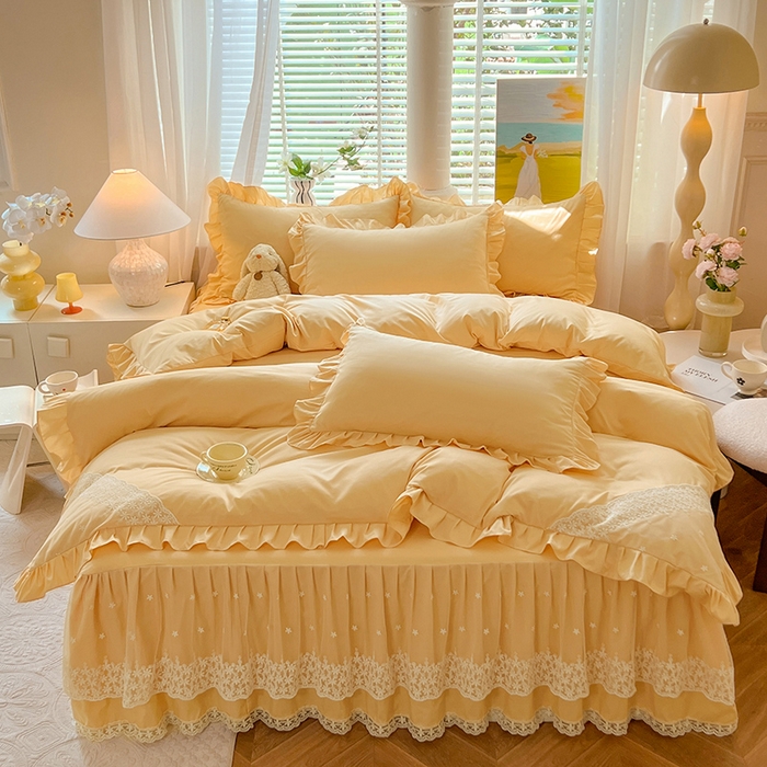 91家纺网 家纺一手货源 找家纺 后庭寝室 2025新款柔软亲肤花边蕾丝床裙四件套-花颜系列 花颜-嫩黄