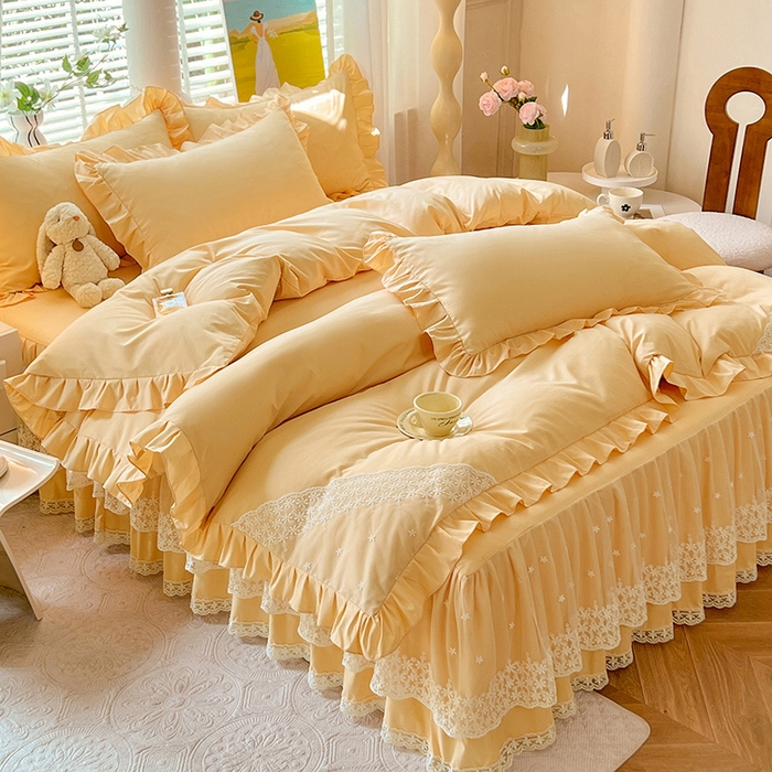 91家纺网 家纺一手货源 找家纺 后庭寝室 2025新款柔软亲肤花边蕾丝床裙四件套-花颜系列 花颜-嫩黄