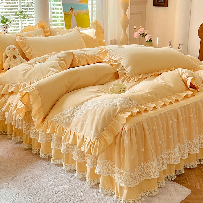 91家纺网 家纺一手货源 找家纺 后庭寝室 2025新款柔软亲肤花边蕾丝床裙四件套-花颜系列 花颜-嫩黄