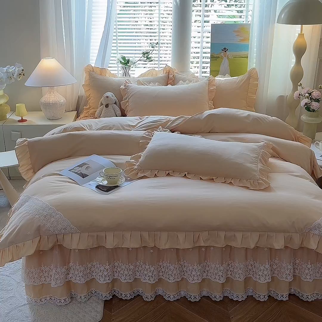 91家纺网 家纺一手货源 找家纺 后庭寝室 2025新款柔软亲肤花边蕾丝床裙四件套-花颜系列 花颜-嫩黄