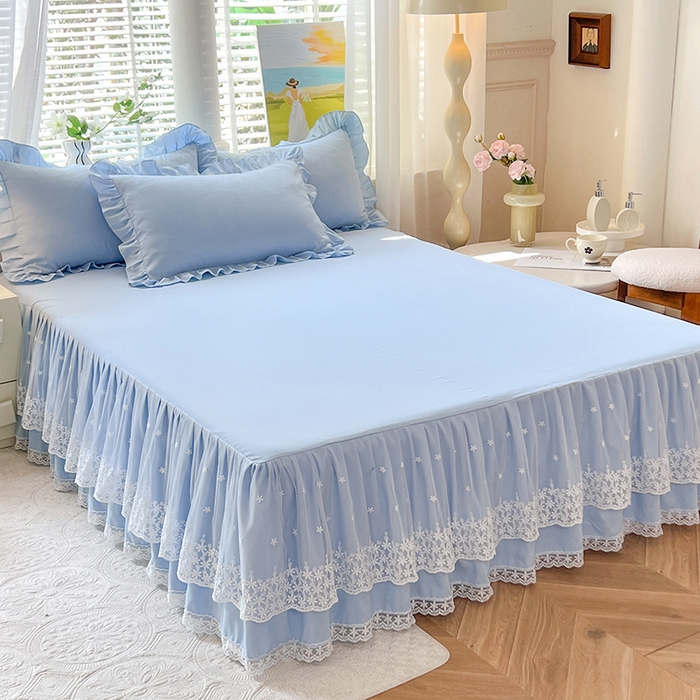 91家纺网 家纺一手货源 找家纺 后庭寝室 2025新款柔软亲肤花边蕾丝床裙四件套-花颜系列 花颜-浅蓝