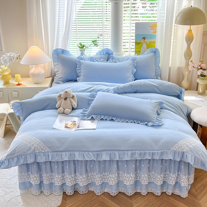 91家纺网 家纺一手货源 找家纺 后庭寝室 2025新款柔软亲肤花边蕾丝床裙四件套-花颜系列 花颜-浅蓝