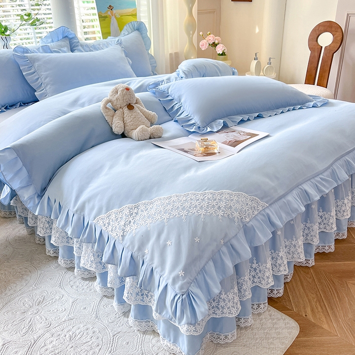 91家纺网 家纺一手货源 找家纺 后庭寝室 2025新款柔软亲肤花边蕾丝床裙四件套-花颜系列 花颜-浅蓝