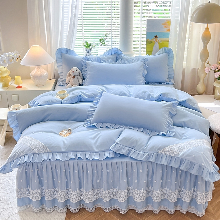 91家纺网 家纺一手货源 找家纺 后庭寝室 2025新款柔软亲肤花边蕾丝床裙四件套-花颜系列 花颜-浅蓝