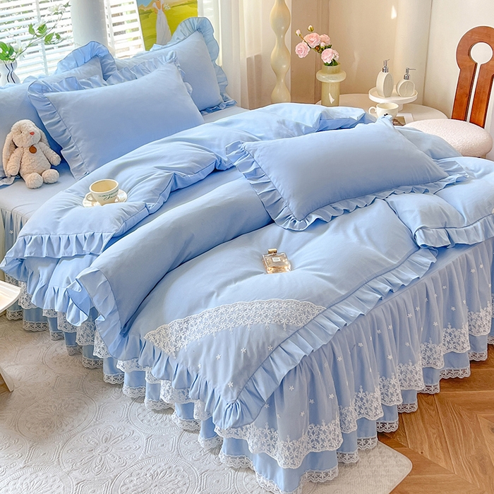 91家纺网 家纺一手货源 找家纺 后庭寝室 2025新款柔软亲肤花边蕾丝床裙四件套-花颜系列 花颜-浅蓝