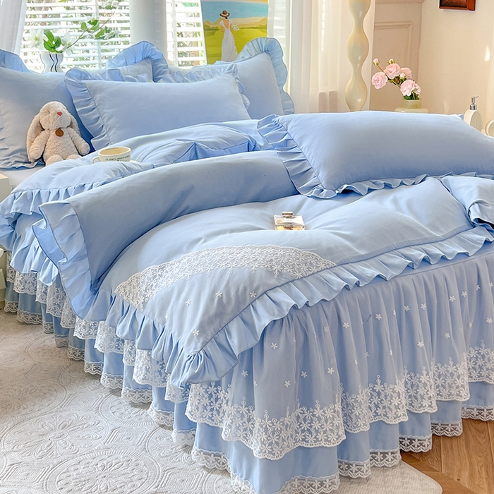 91家纺网 家纺一手货源 找家纺 后庭寝室 2025新款柔软亲肤花边蕾丝床裙四件套-花颜系列 花颜-浅蓝