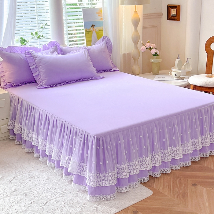 91家纺网 家纺一手货源 找家纺 后庭寝室 2025新款柔软亲肤花边蕾丝床裙四件套-花颜系列 花颜-浅紫