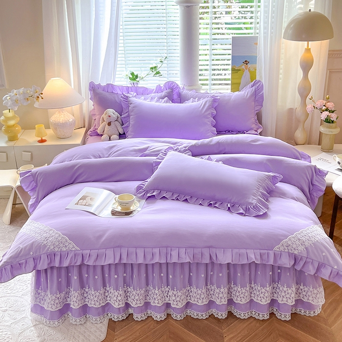 91家纺网 家纺一手货源 找家纺 后庭寝室 2025新款柔软亲肤花边蕾丝床裙四件套-花颜系列 花颜-浅紫